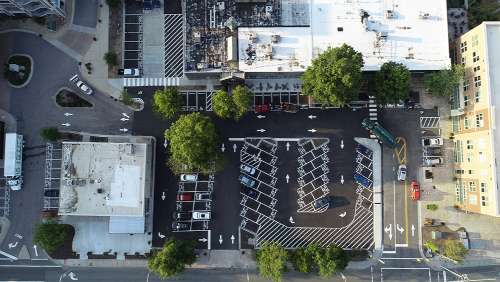 overhead view of shopping center parking lot